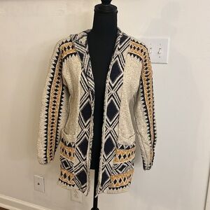 Lucky Brand BoHo Southwestern Aztec Textured, Open Front Cardigan-Pockets, Sz S.